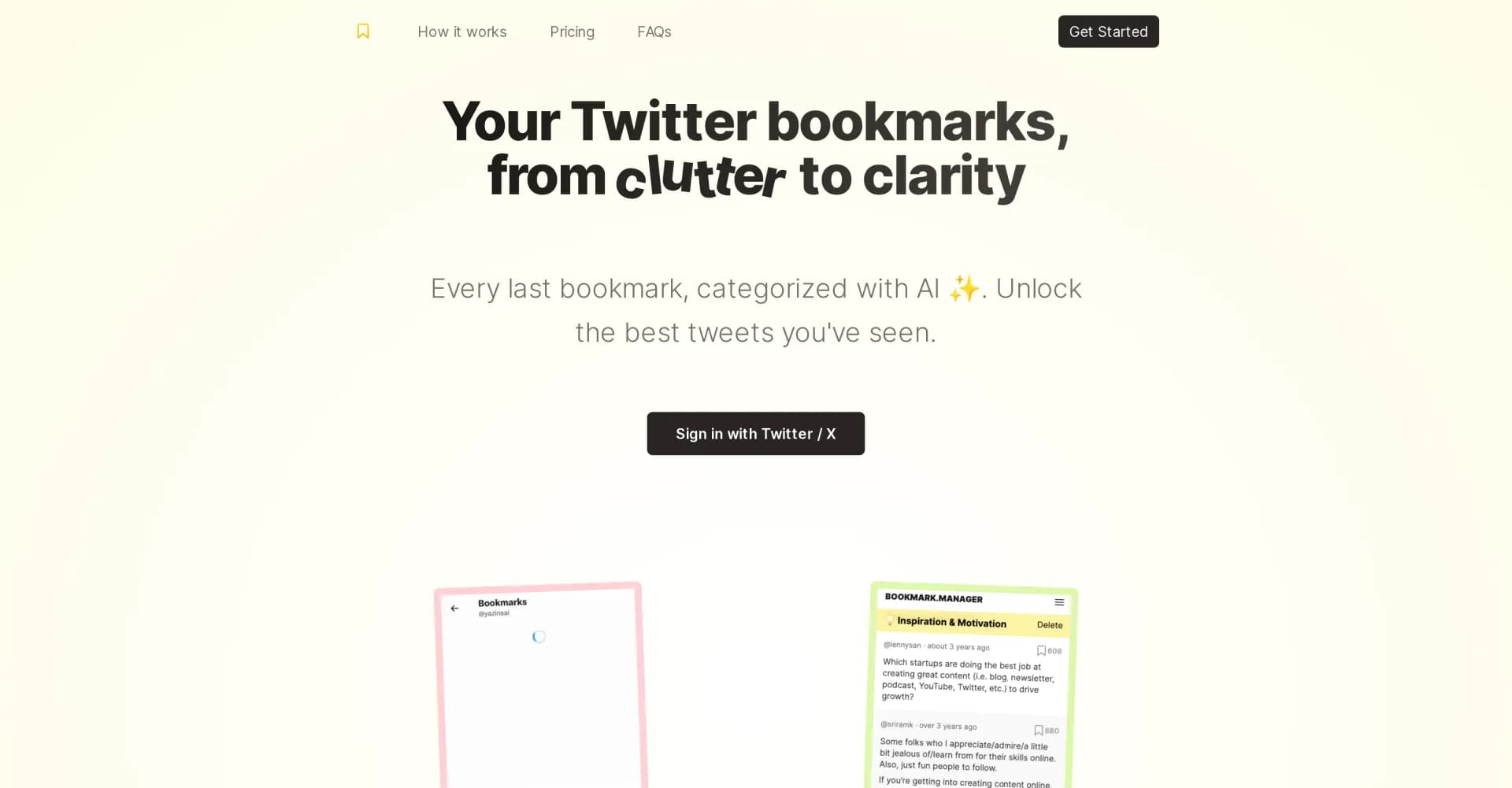 TwitterBookmarks homepage screenshot — Transform Twitter bookmark clutter into clarity.