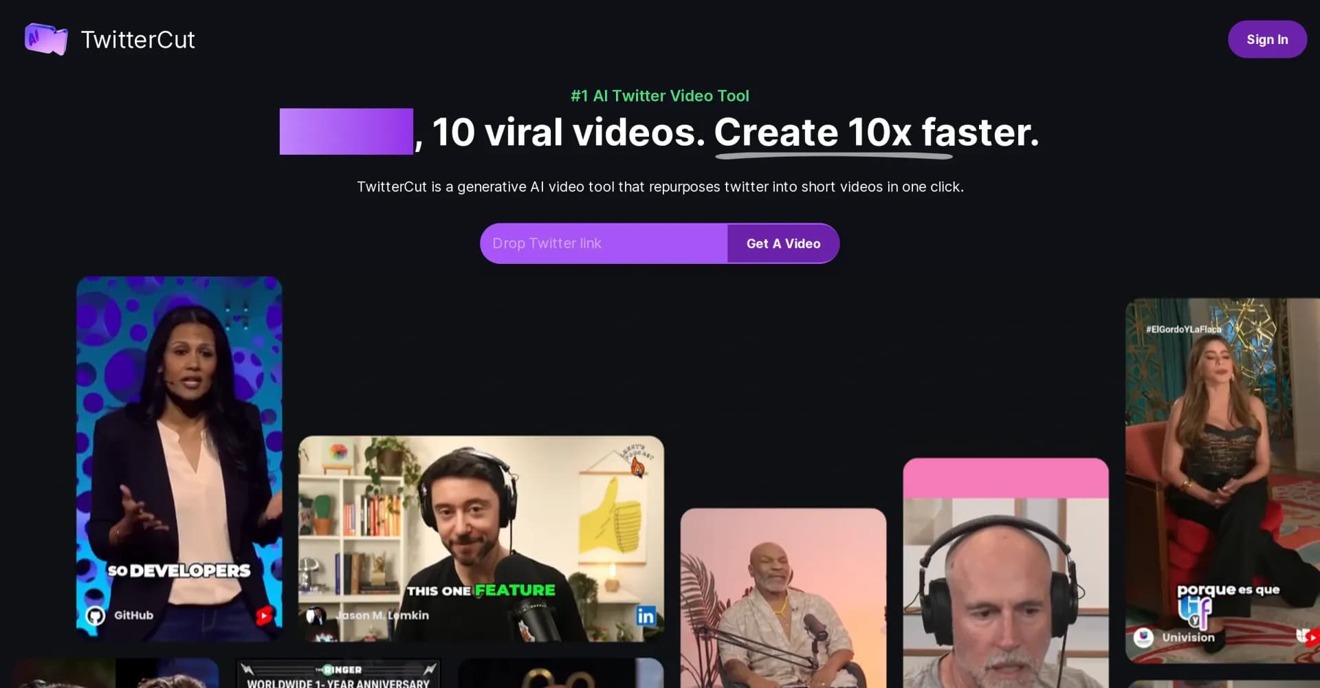 TwitterCut homepage screenshot — Transform tweets into captivating videos.