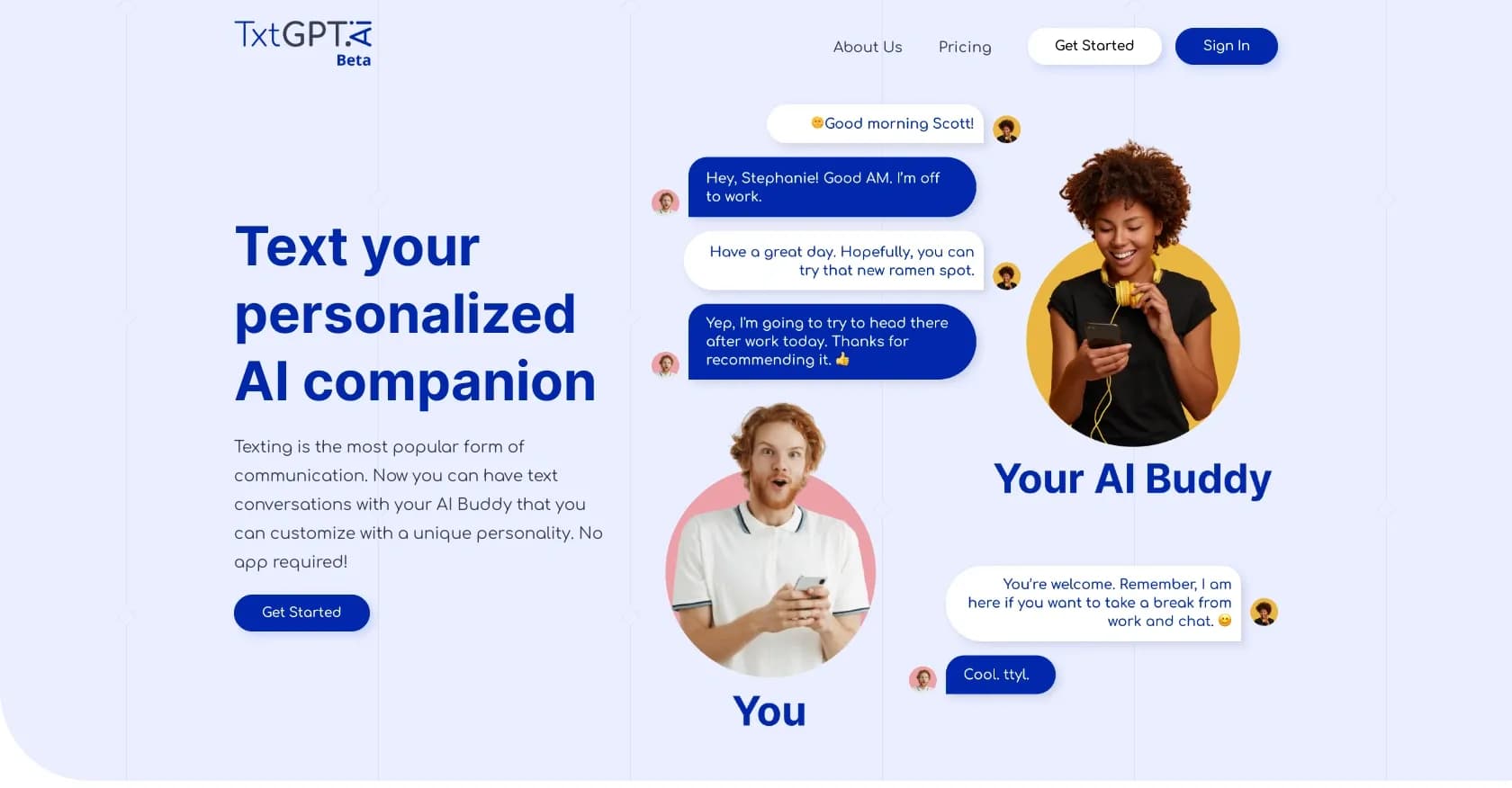 TXTGPT homepage screenshot — Text your personalized AI companion 24/7