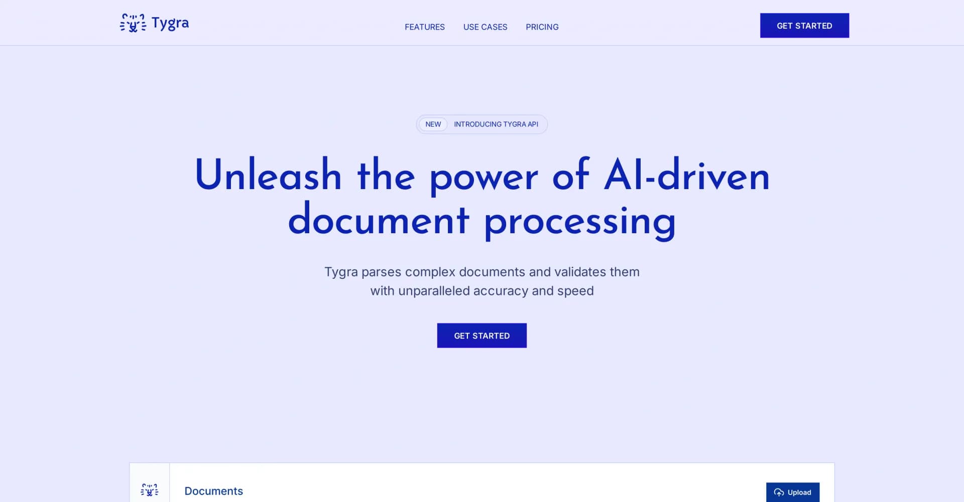 Tygra homepage screenshot — AI-powered document parsing and validation