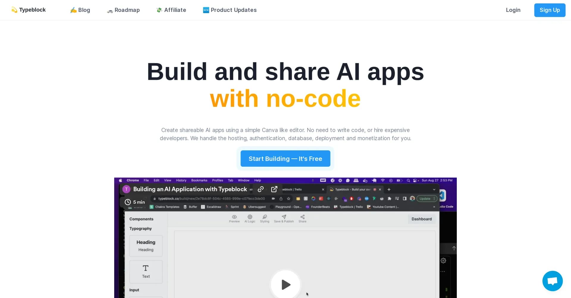 Typeblock homepage screenshot — Build AI apps without code in minutes