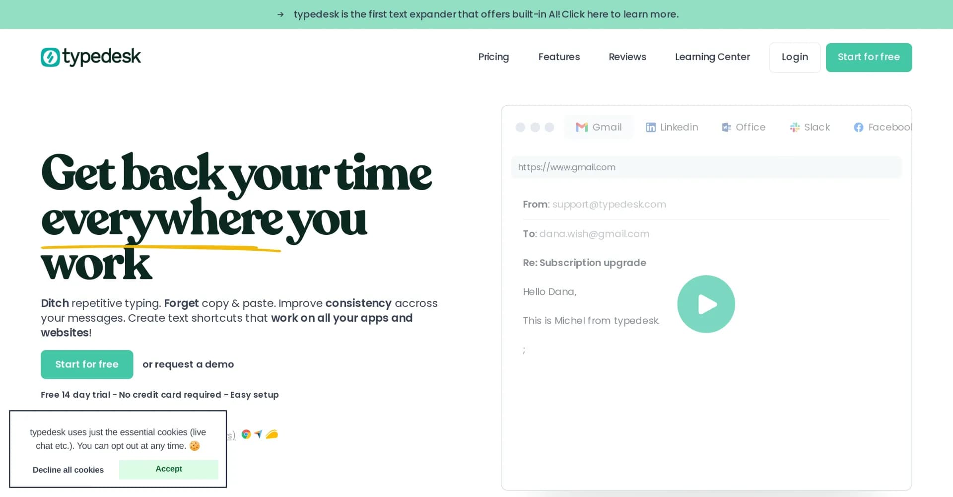 Typedesk homepage screenshot — Automate repetitive typing with AI-powered text expansion.