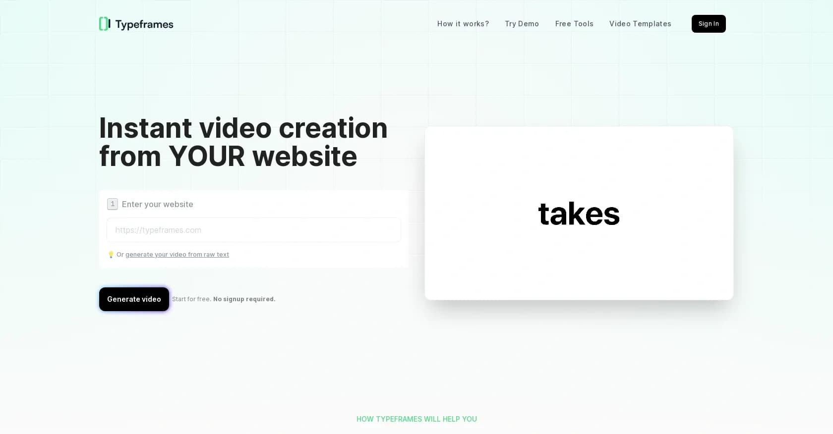 Typeframes homepage screenshot — Create videos from your website instantly