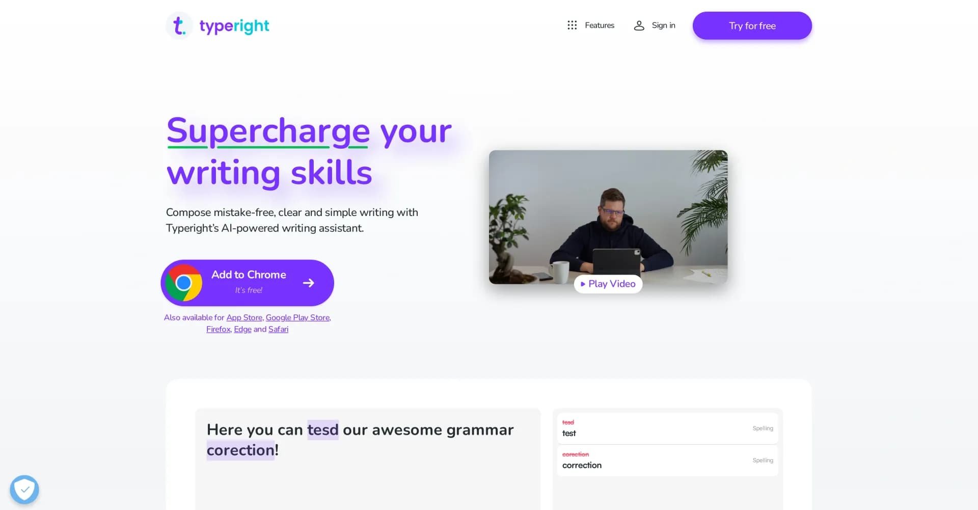 Typeright homepage screenshot — Supercharge your writing with AI-powered assistance.