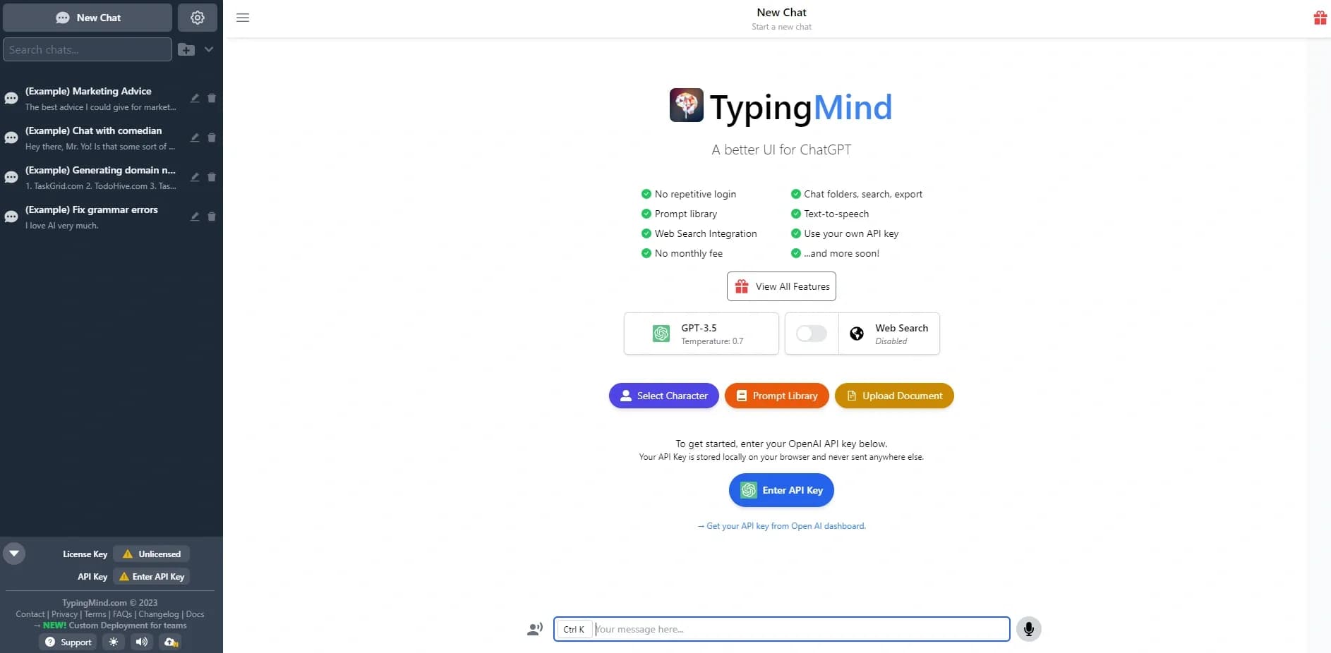 Typing Mind homepage screenshot — ChatGPT with superpowers