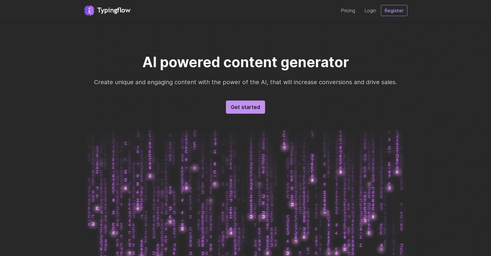 Typingflow homepage screenshot — AI-powered content generator for unique, engaging content.