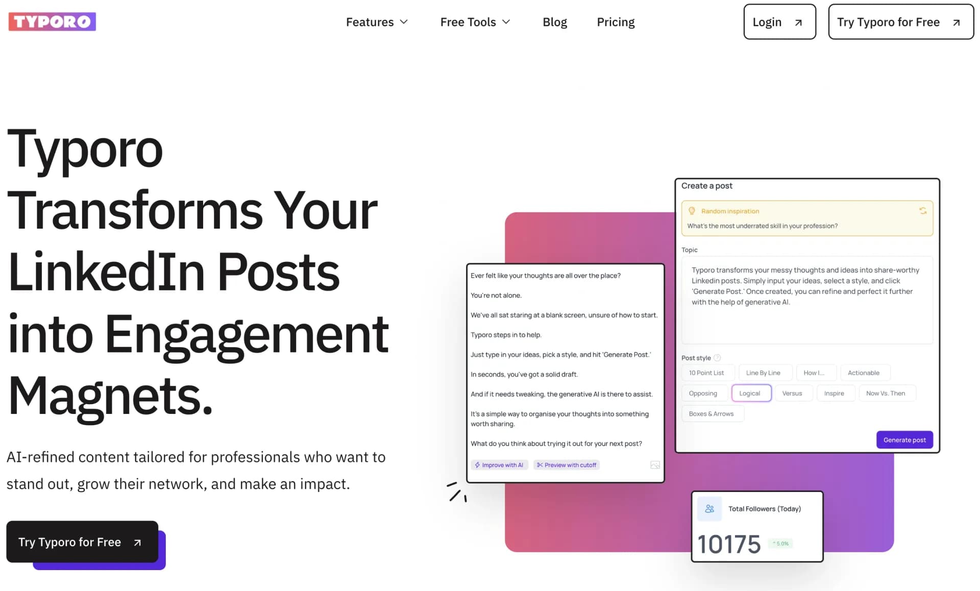 Typoro homepage screenshot — Transform your LinkedIn posts into engagement magnets.