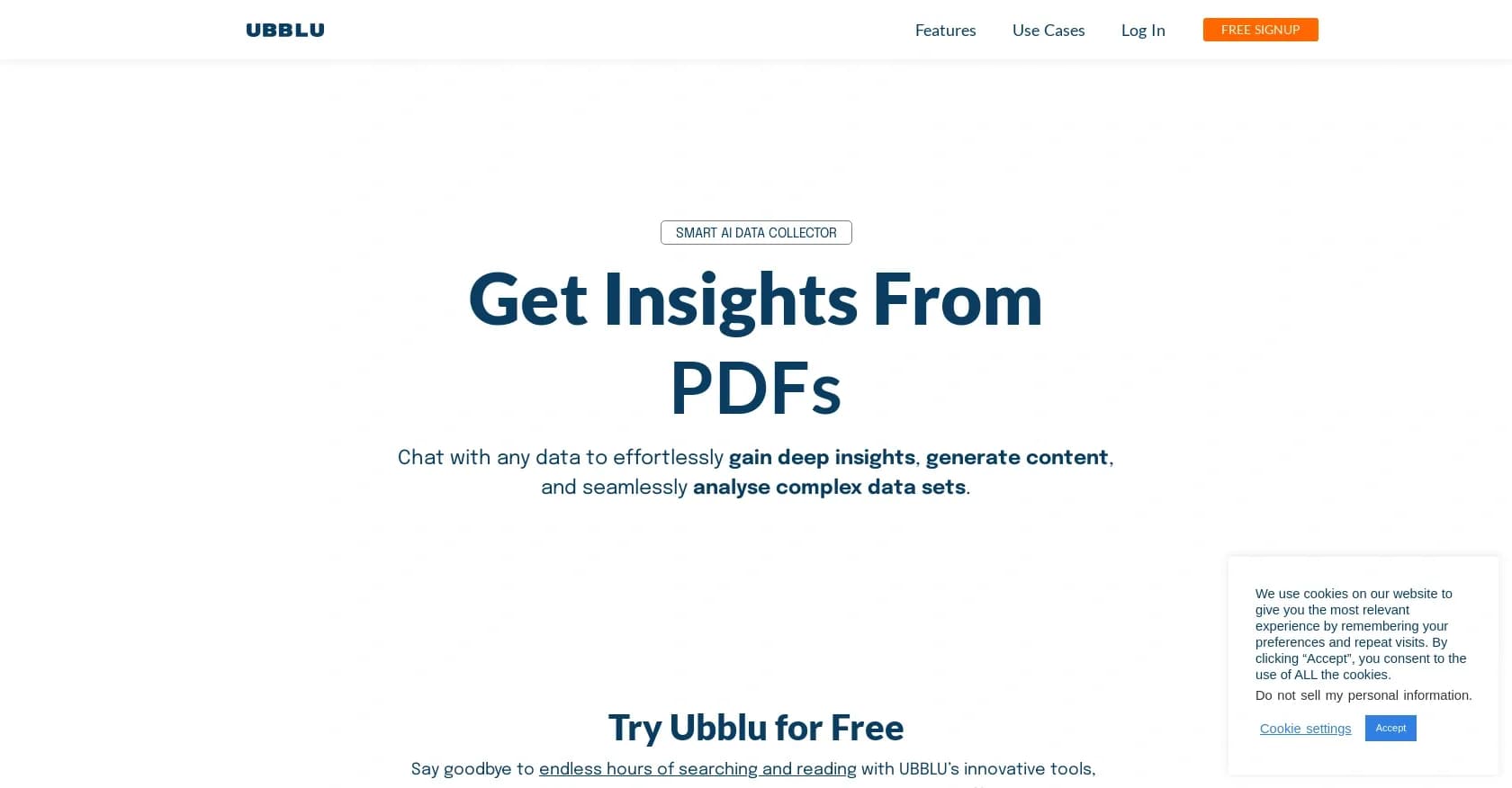 UBBLU homepage screenshot — Get instant answers from any data source.