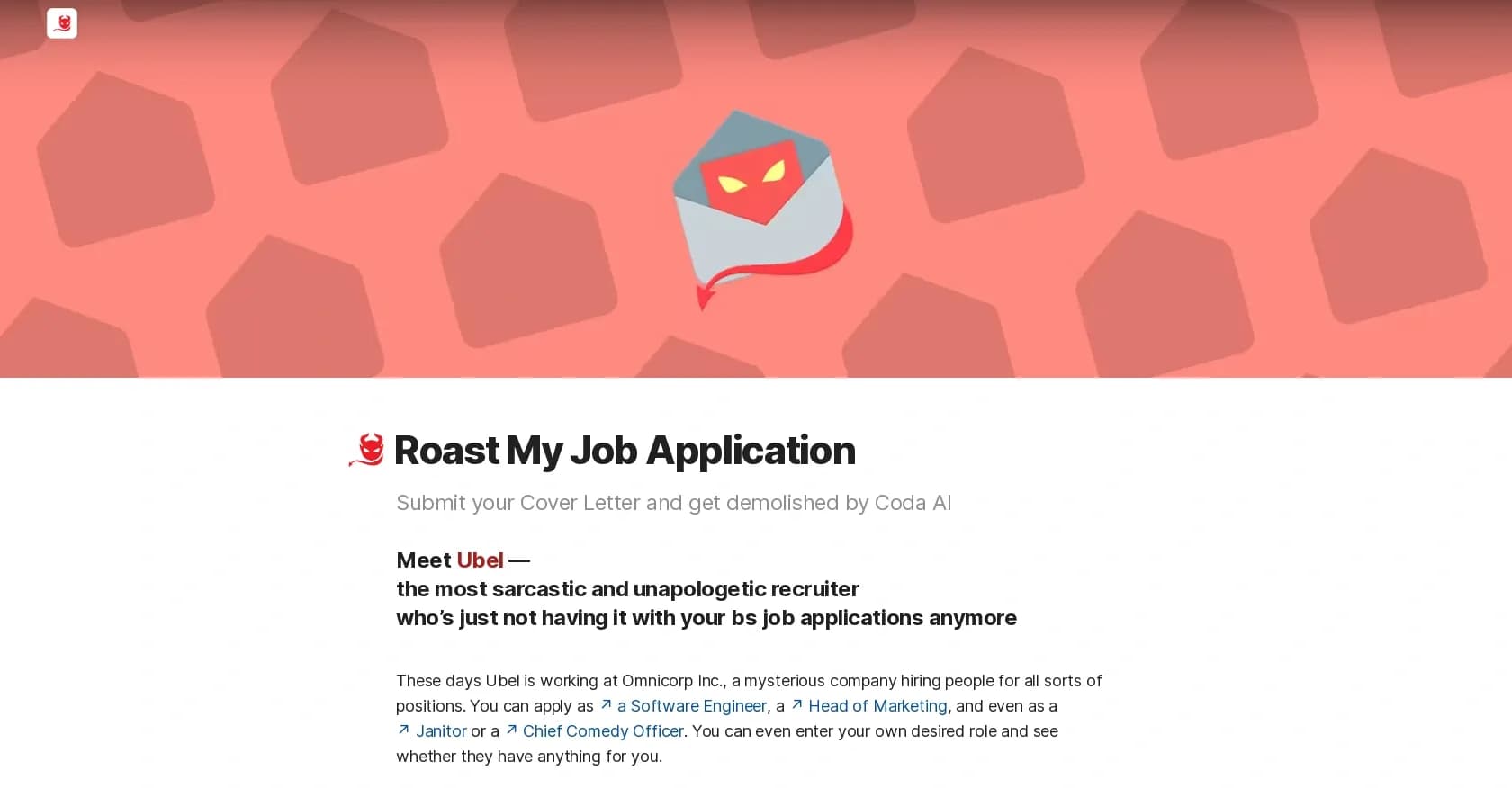 Ubel homepage screenshot — Demolish your cover letter with brutal AI feedback.