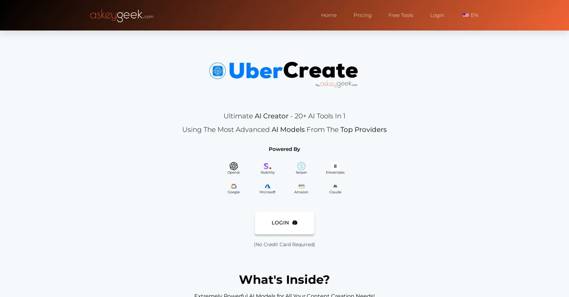 UberCreate homepage screenshot — 20+ AI tools in one for effortless content creation.