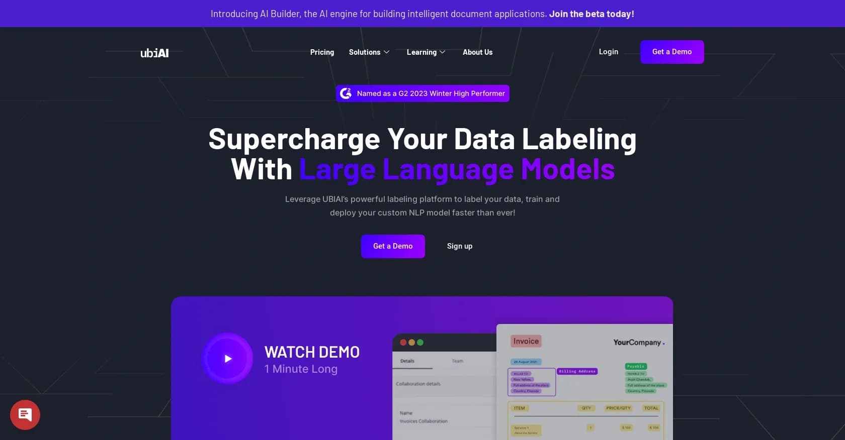 UBIAI homepage screenshot — Accessible AI for smarter document processing