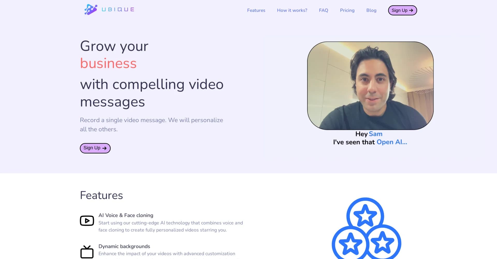 Ubique homepage screenshot — Boost engagement with personalized AI video messages.