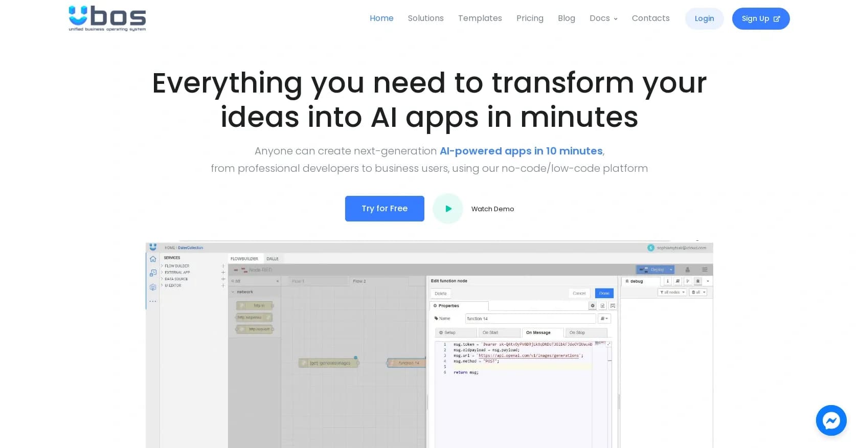 UBOS homepage screenshot — Transform ideas into AI apps in minutes