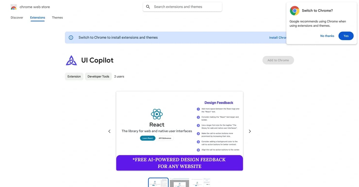 UI Copilot homepage screenshot — AI-powered UI feedback, instantly