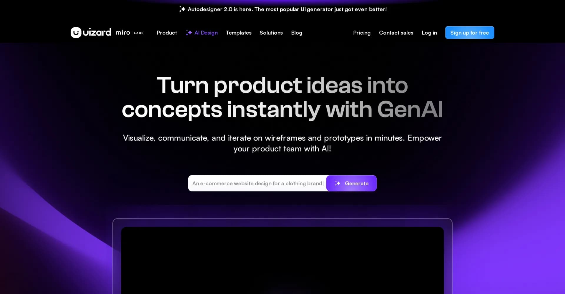 Uizard homepage screenshot — AI-powered UI design in minutes