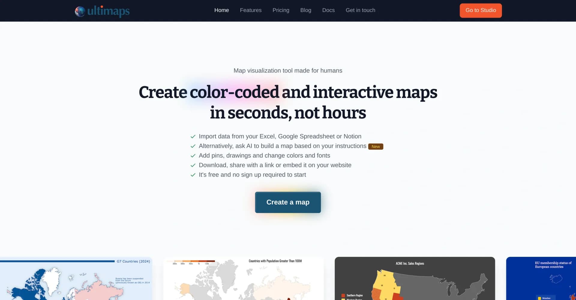 Ultimaps homepage screenshot — Create color-coded interactive maps in seconds
