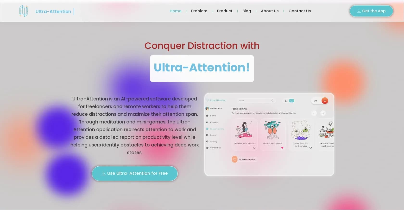 Ultra-Attention homepage screenshot — Boost productivity, beat distractions for freelancers.