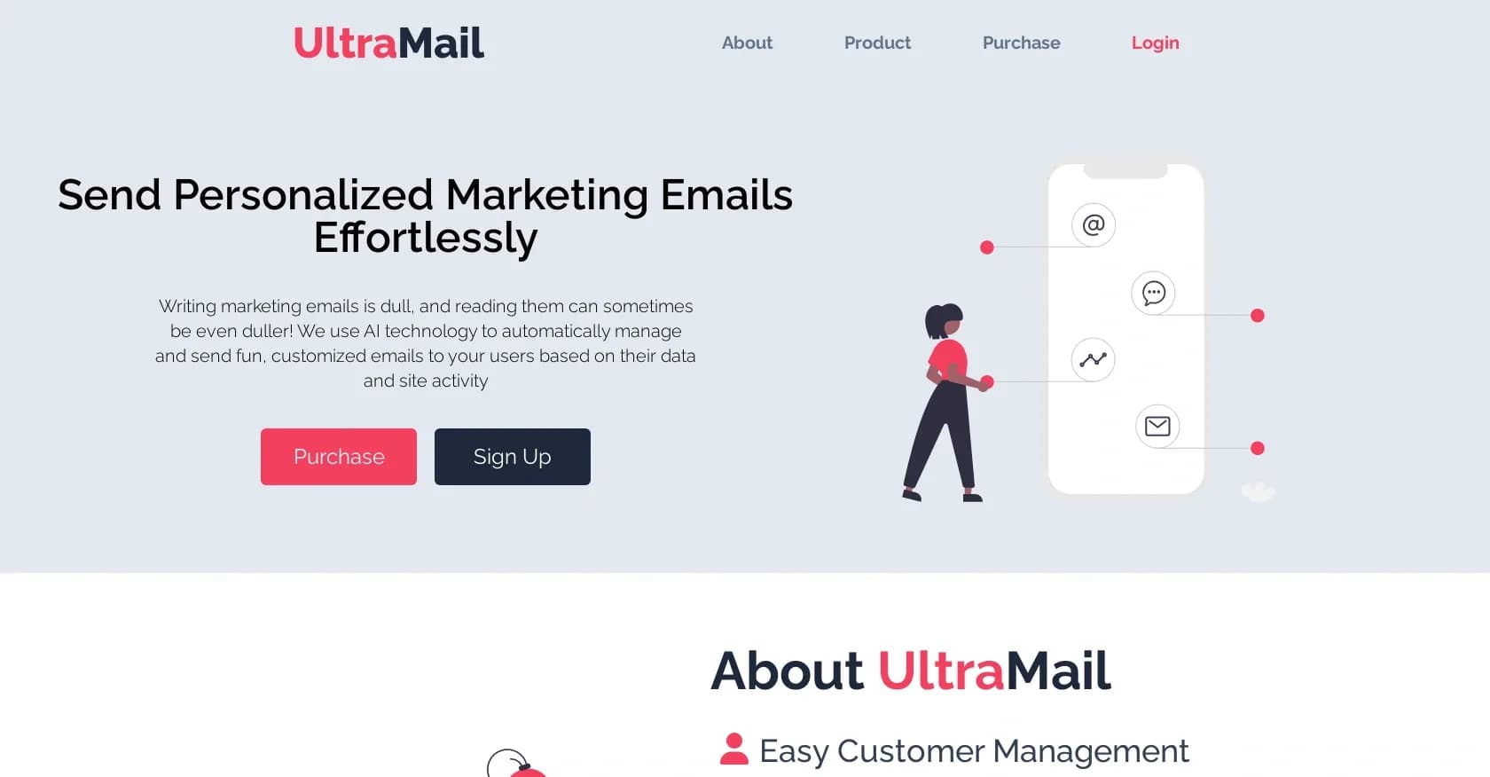 Ultramail homepage screenshot — Send personalized marketing emails effortlessly with AI