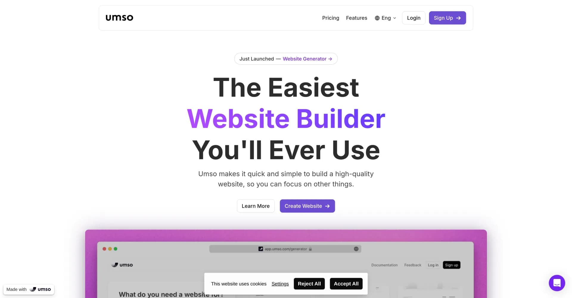 Umso homepage screenshot — Build beautiful websites without code, fast.