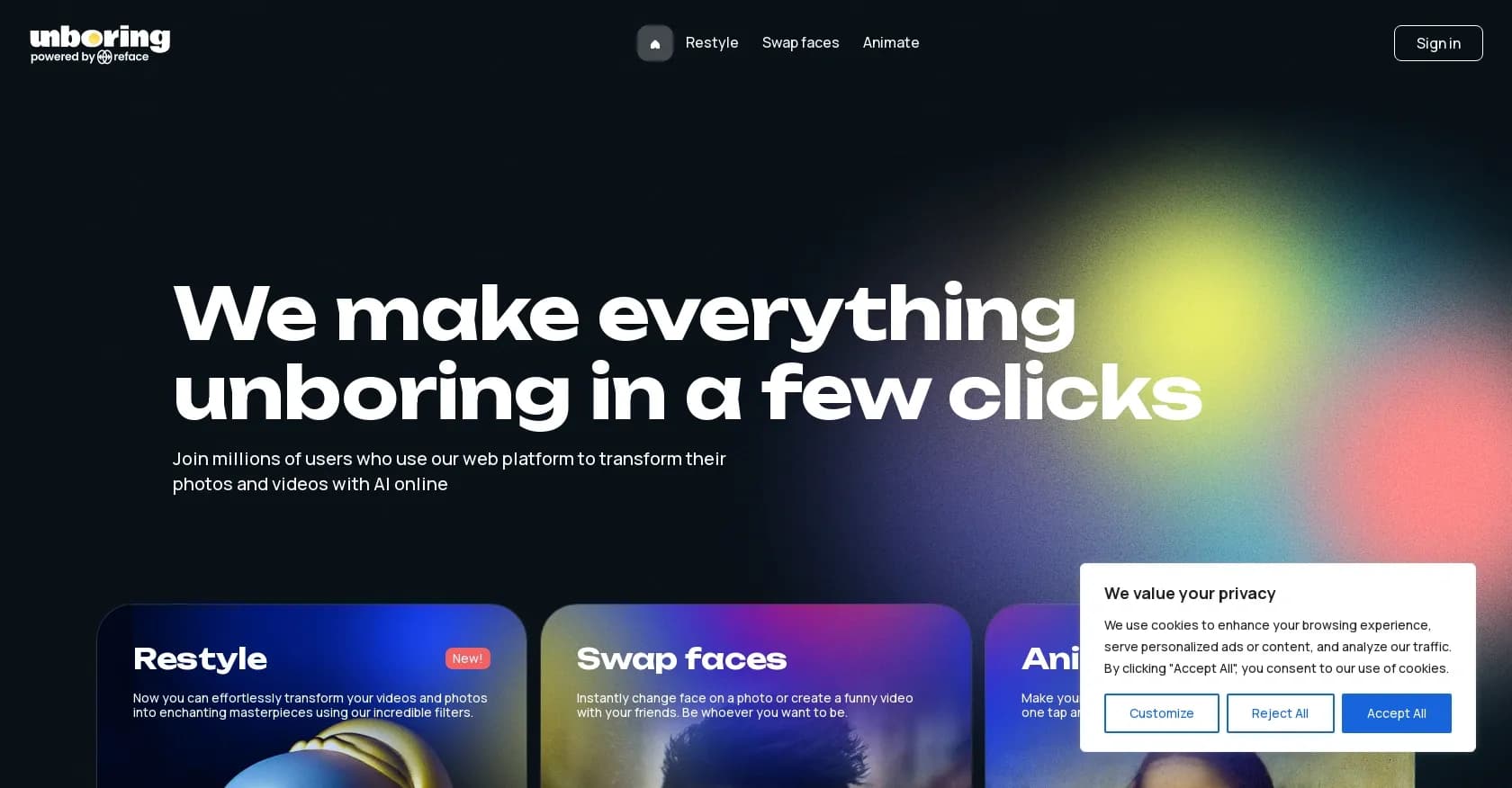 Unboring homepage screenshot — AI face swapping and photo animation in one click