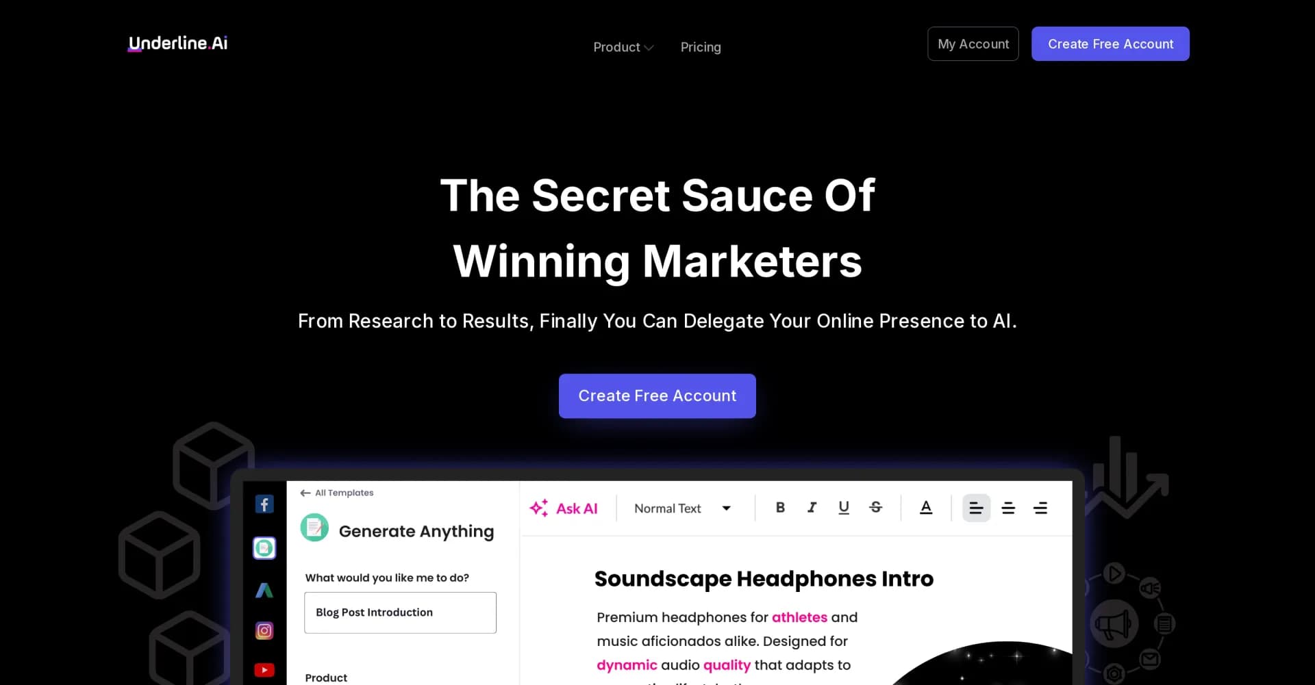Underline.AI homepage screenshot — Delegate your online presence to AI.