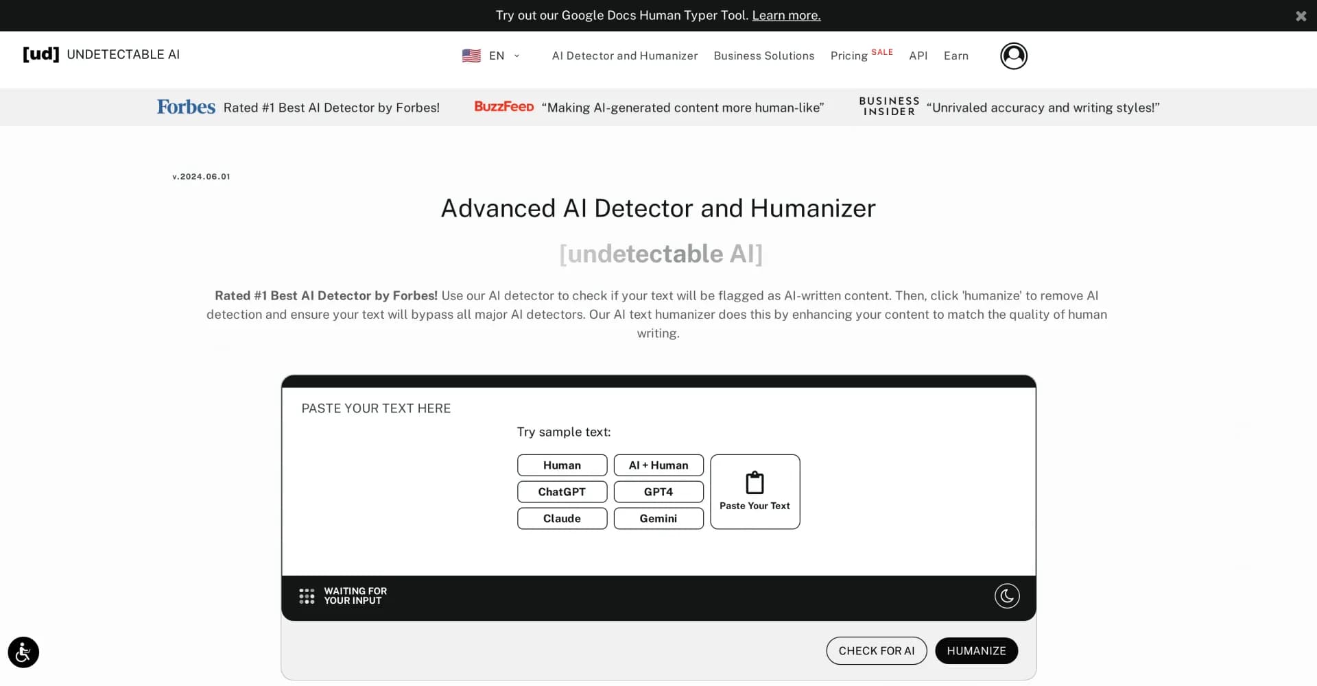 Undetectable AI homepage screenshot — Detect and humanize AI content effortlessly