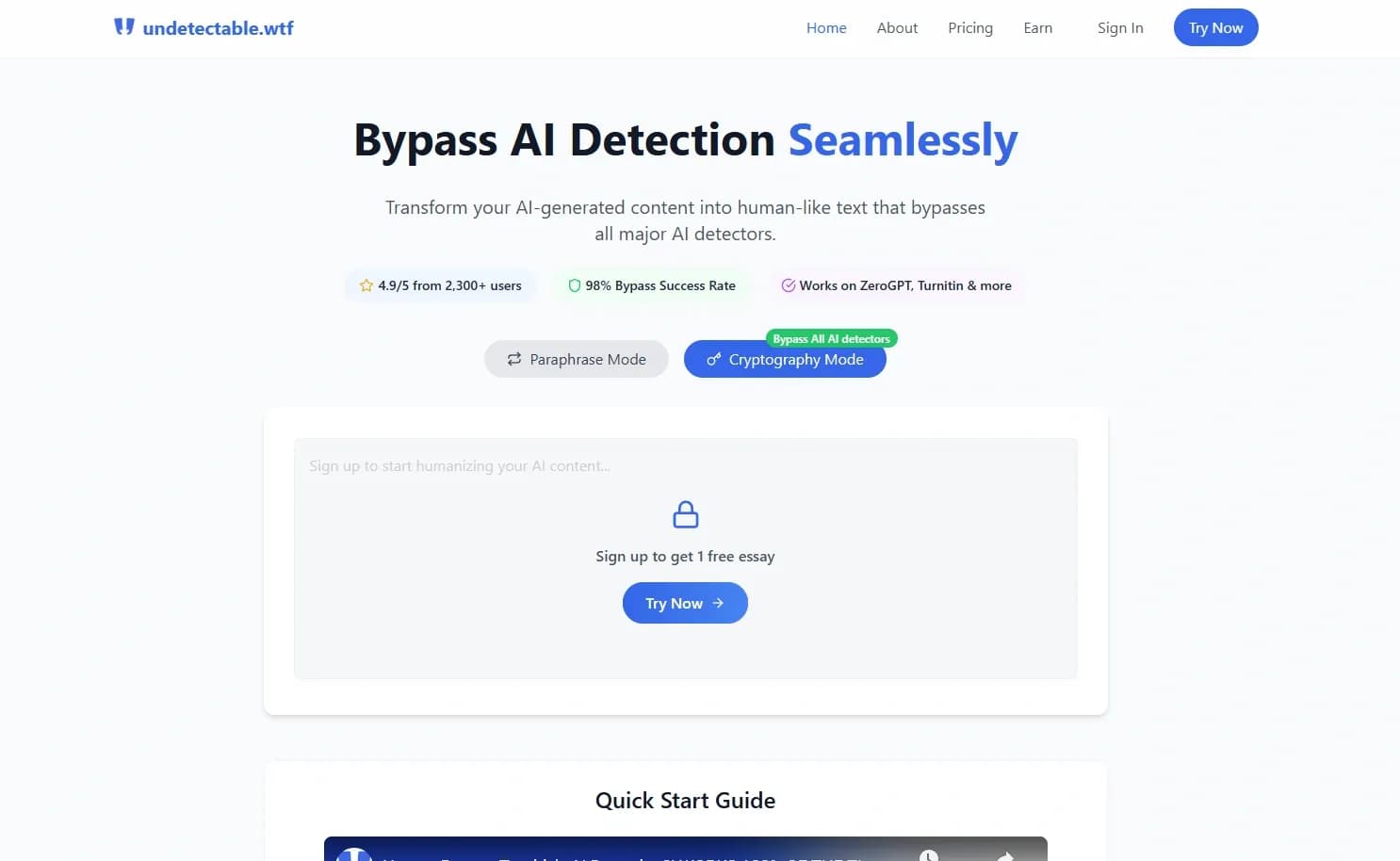 Undetectable.wtf homepage screenshot — Humanize AI text, bypass detection systems.