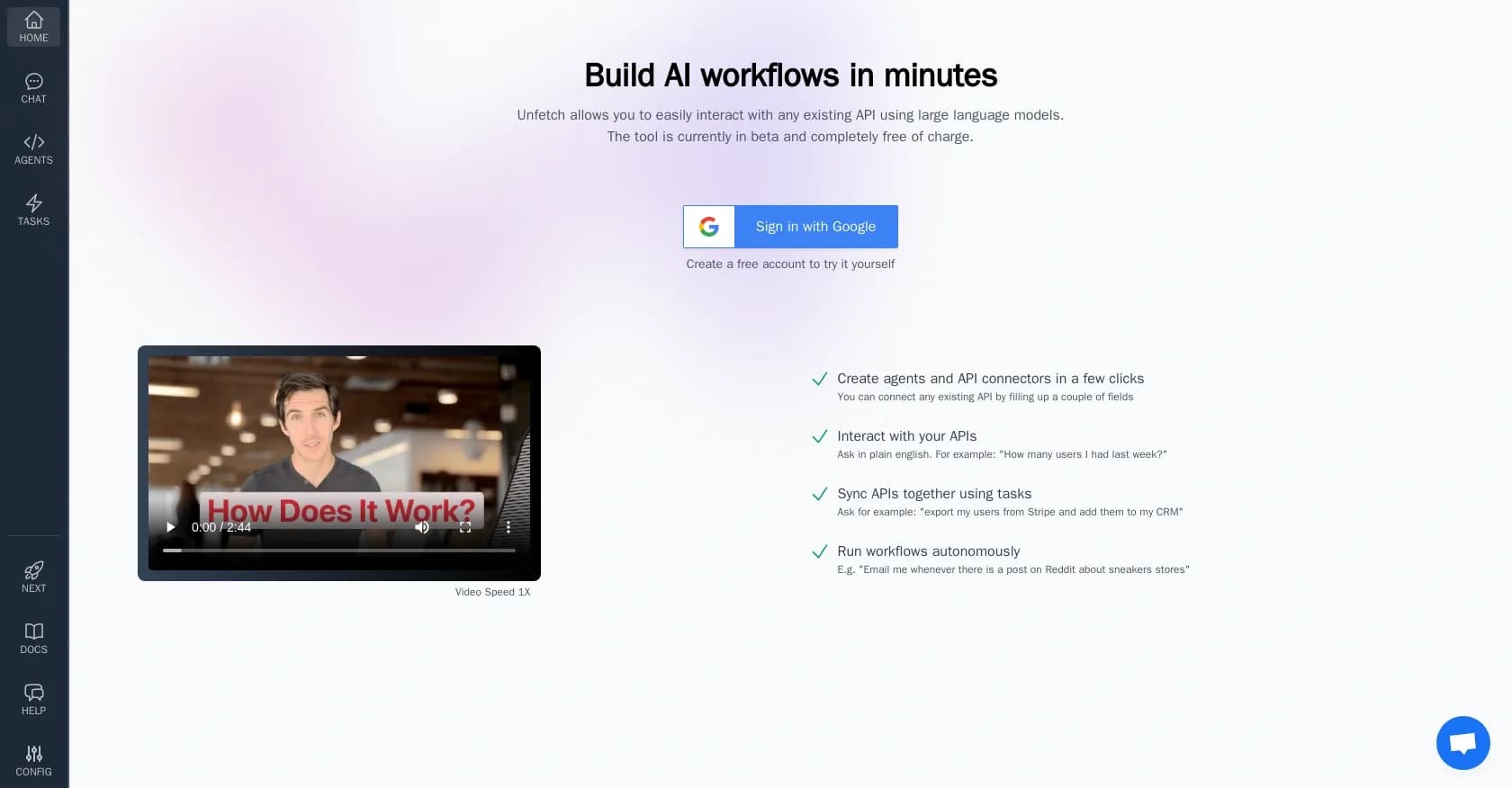 Unfetch homepage screenshot — Build AI workflows in minutes with any API