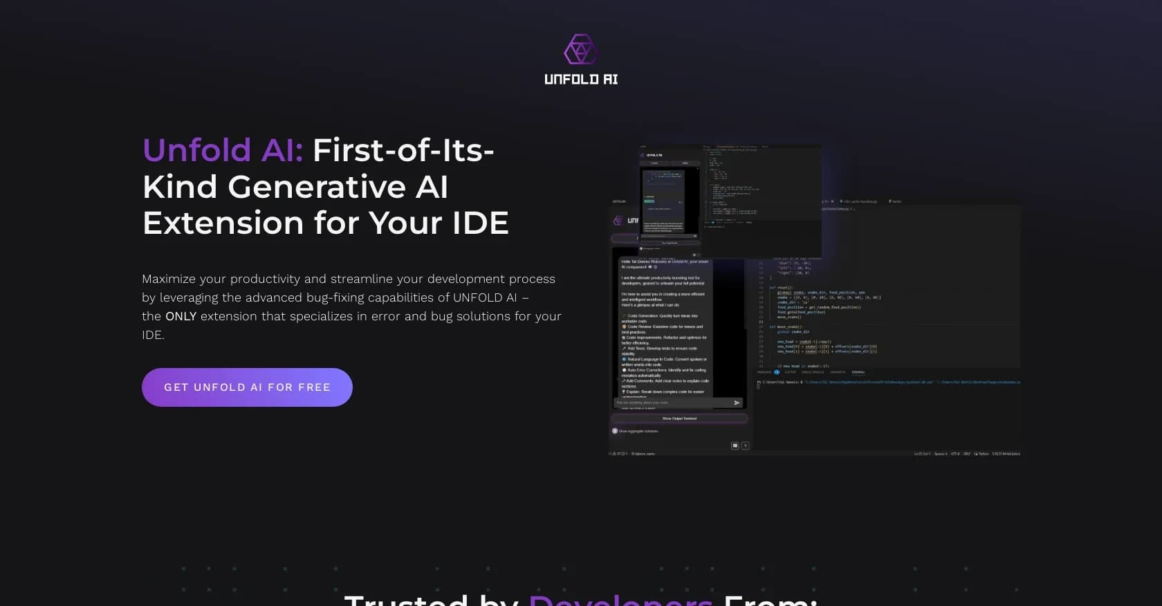 UnfoldAI homepage screenshot — AI-powered bug fixing in your IDE