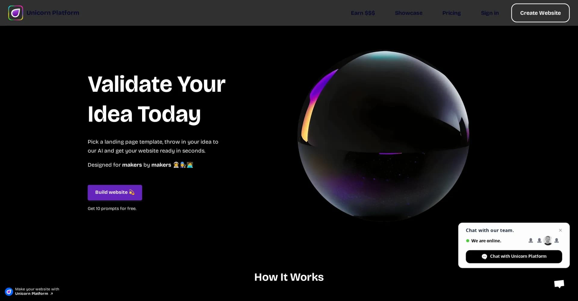 Unicorn platform homepage screenshot — AI-powered landing pages for makers in seconds