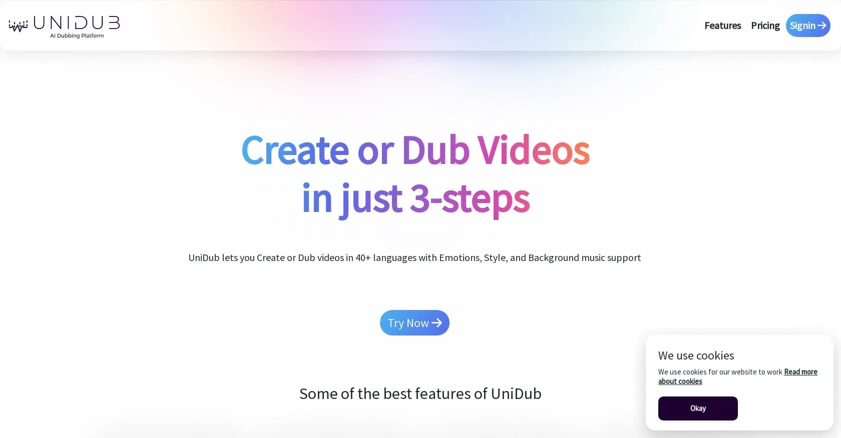UniDub homepage screenshot — Multi-language video dubbing & production platform