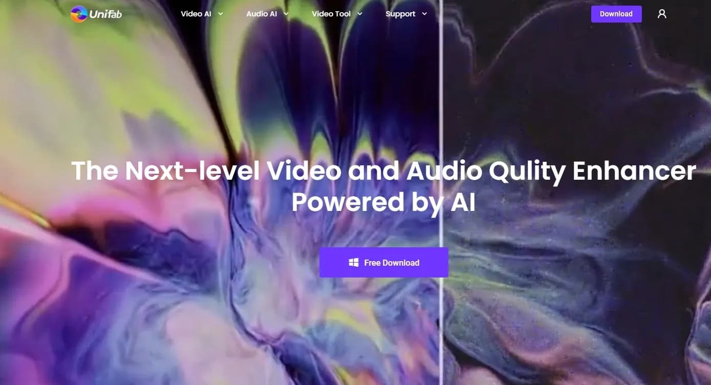 UniFab Video Enhancer homepage screenshot — AI Video Enhancer software; AI Video upscaling; Audio Upscal