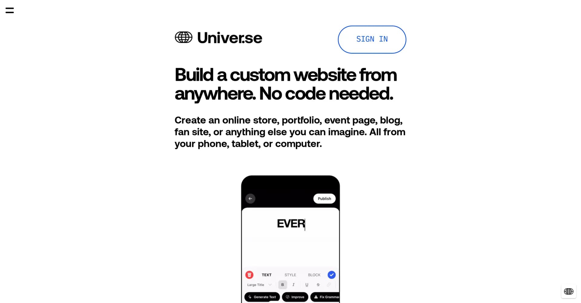 Univer.se homepage screenshot — Build custom websites from anywhere, code-free.