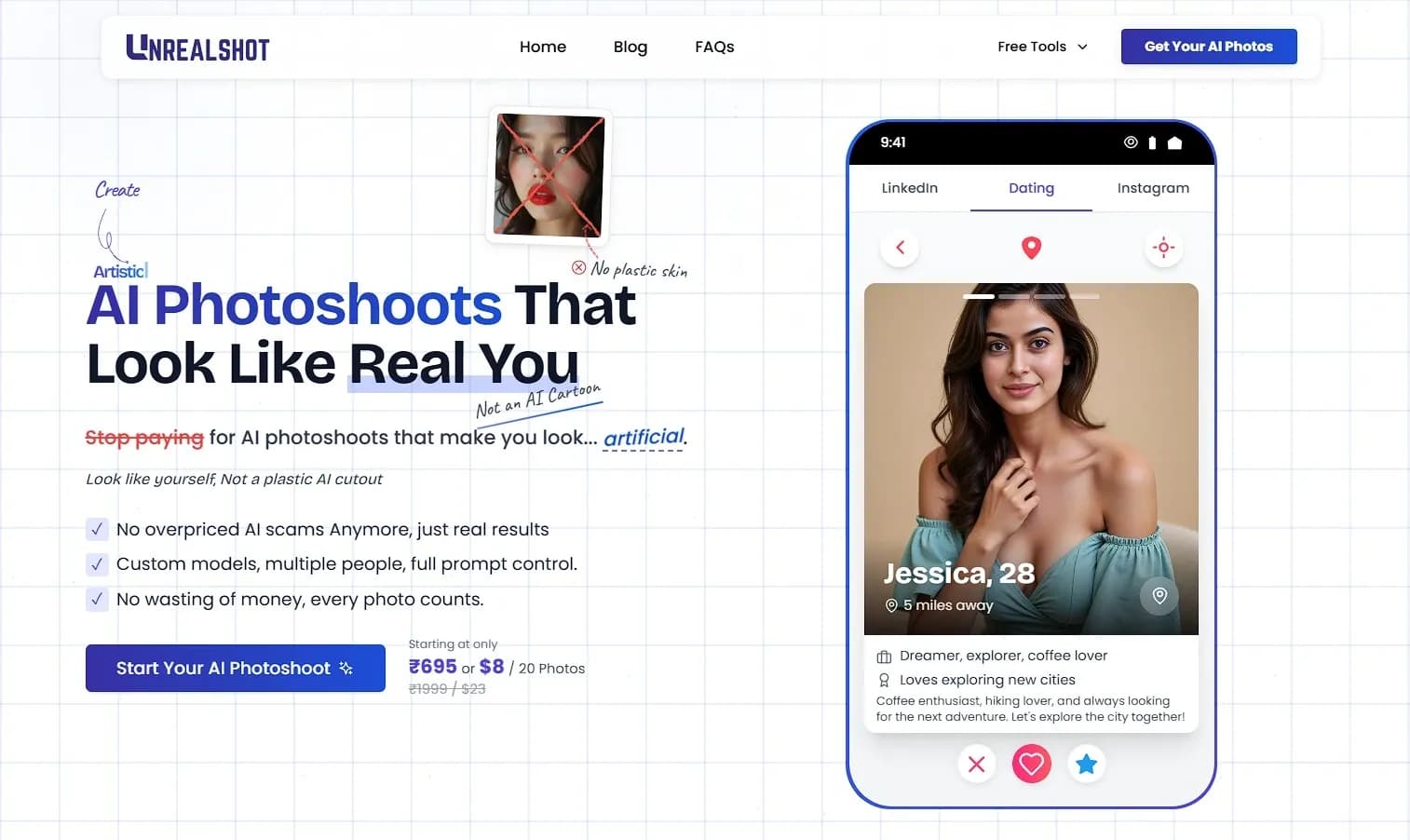 UnrealShot AI homepage screenshot — Create lifelike AI photos from your selfies