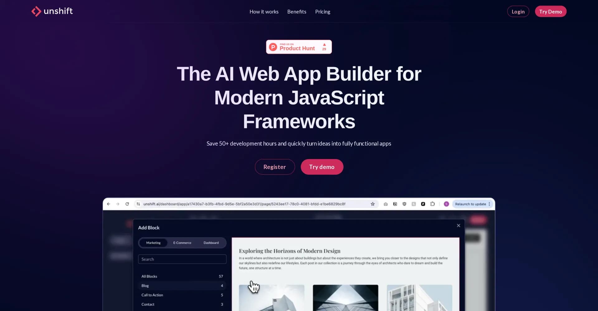 Unshift AI homepage screenshot — Build web apps with AI-powered drag-and-drop simplicity.