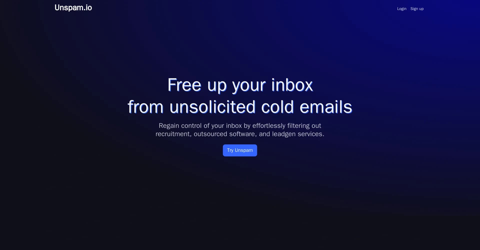 Unspam homepage screenshot — Streamline your inbox with AI-powered spam filtering.