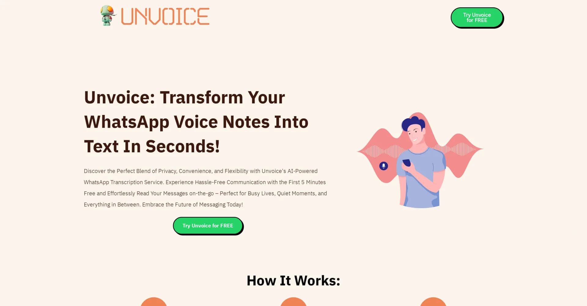 Unvoice Bot homepage screenshot — Convert WhatsApp voice notes to text instantly