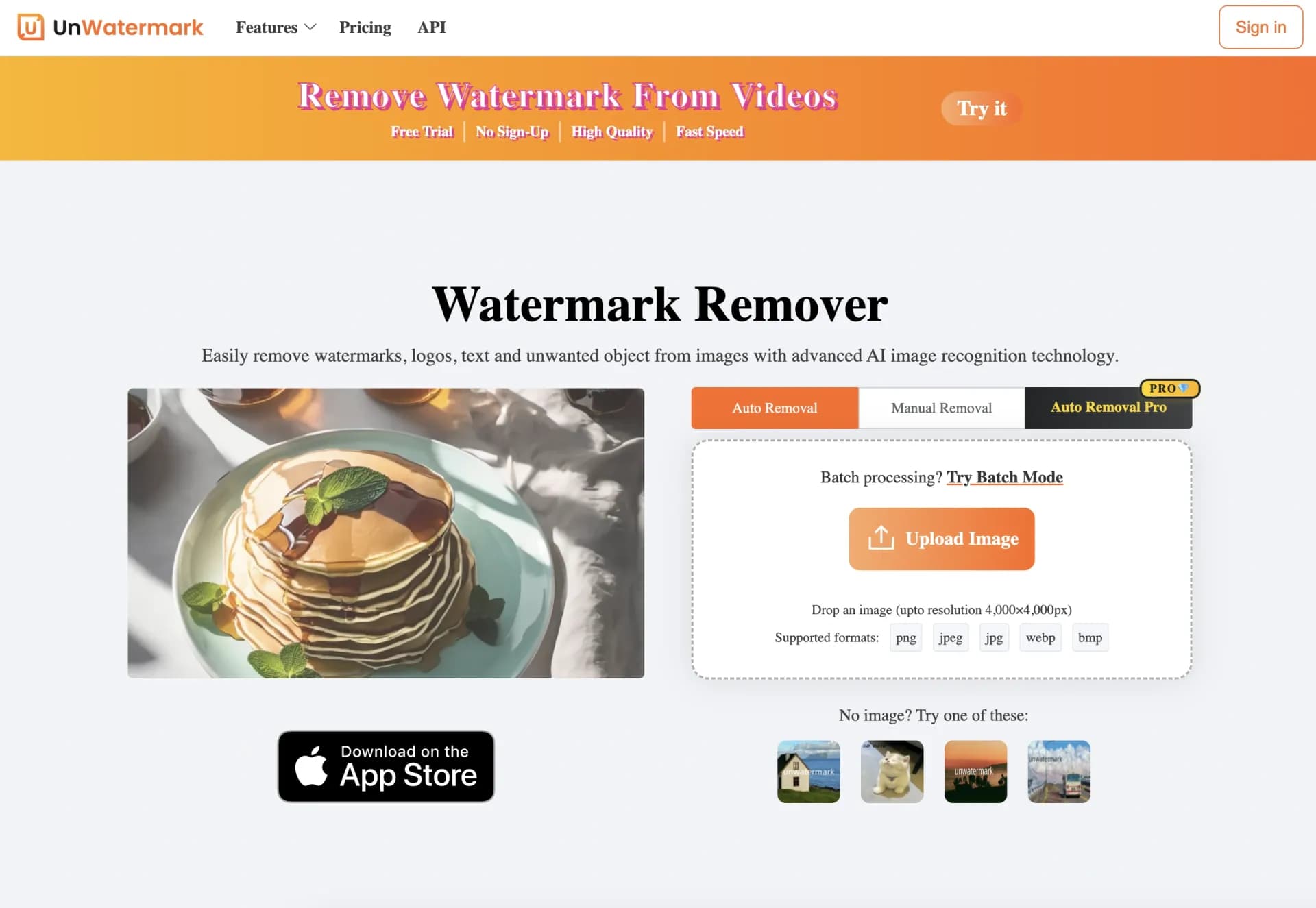 Unwatermark AI homepage screenshot — Remove watermarks from photos and videos instantly.