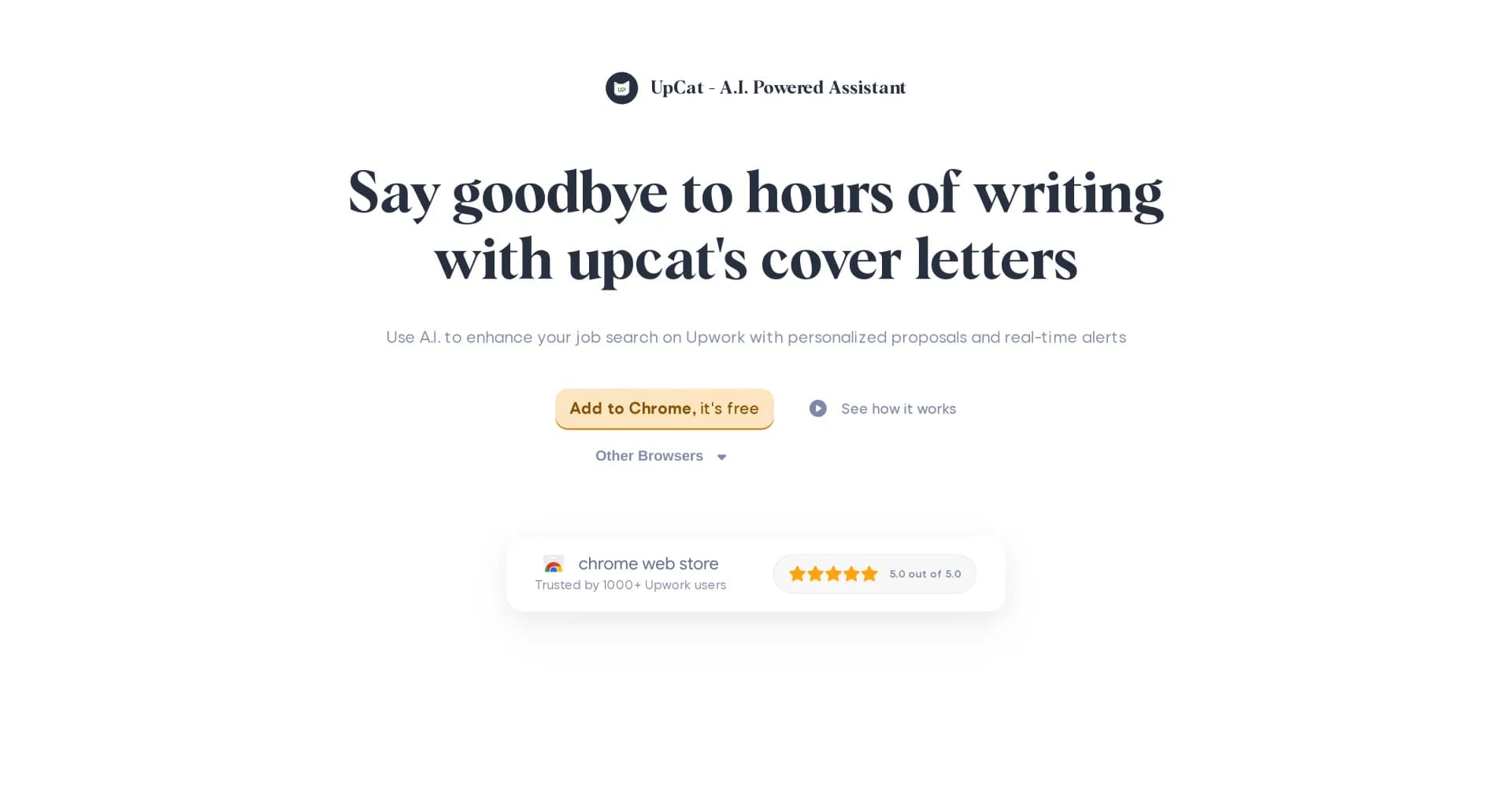 Upcat homepage screenshot — Supercharge your Upwork job search with AI-powered proposals