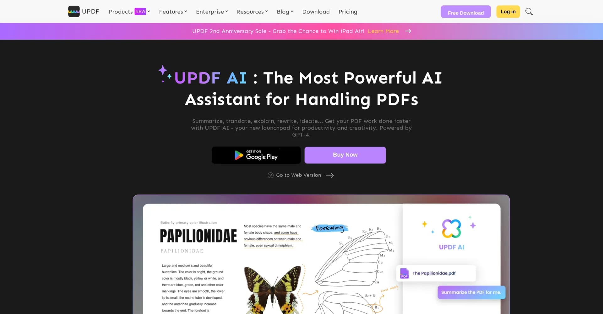 UPDF AI Assistant homepage screenshot — AI-powered PDF assistant for summarizing, translating, and c