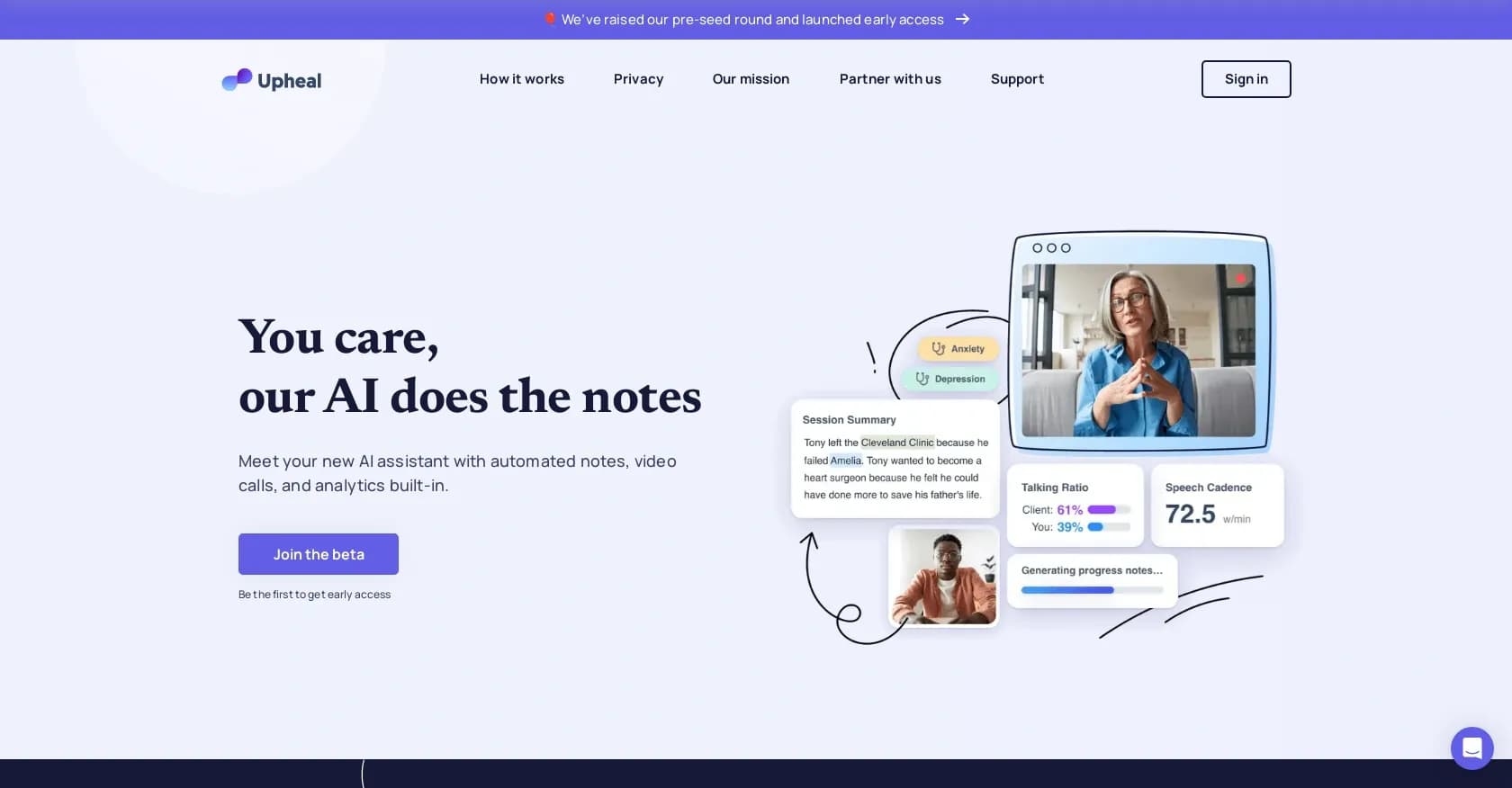 Upheal homepage screenshot — AI assistant for automated therapy notes and calls
