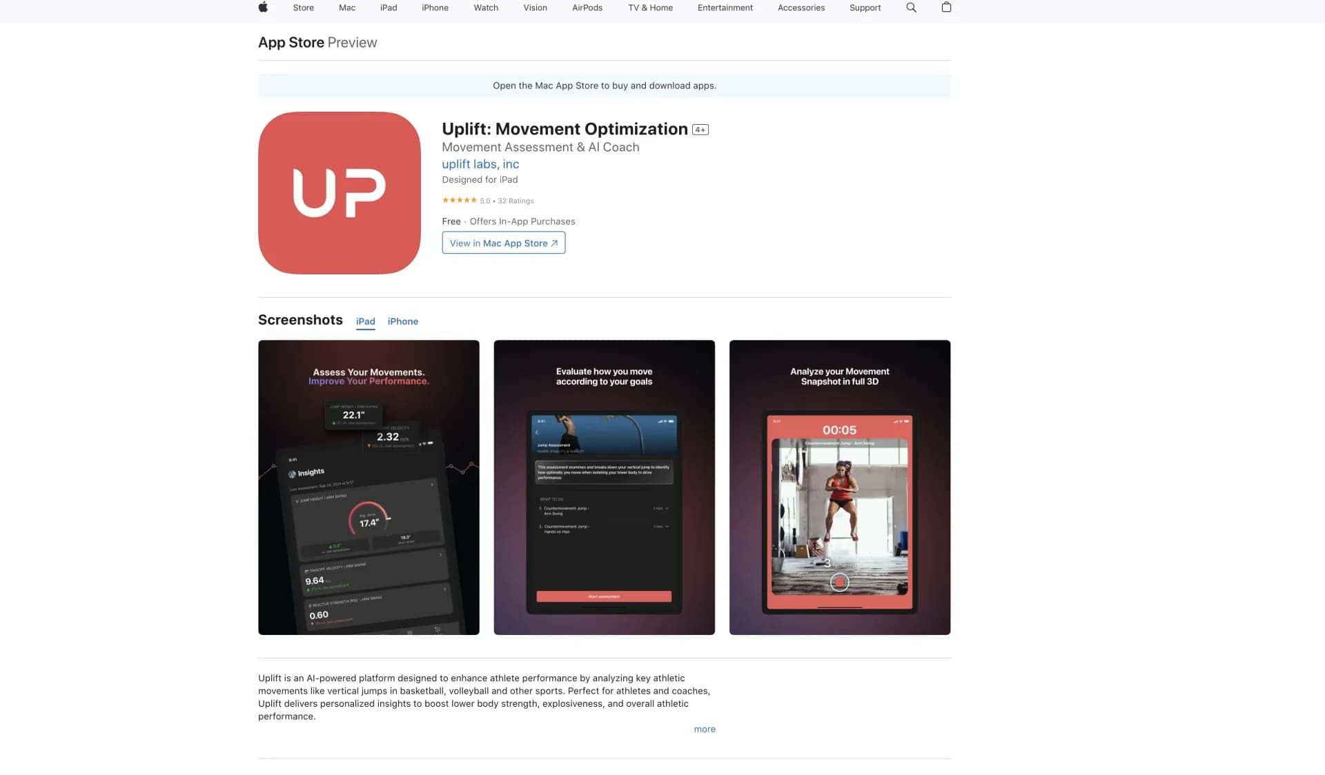 Uplift: Movement Optimization homepage screenshot — AI-powered movement analysis for athletic performance.
