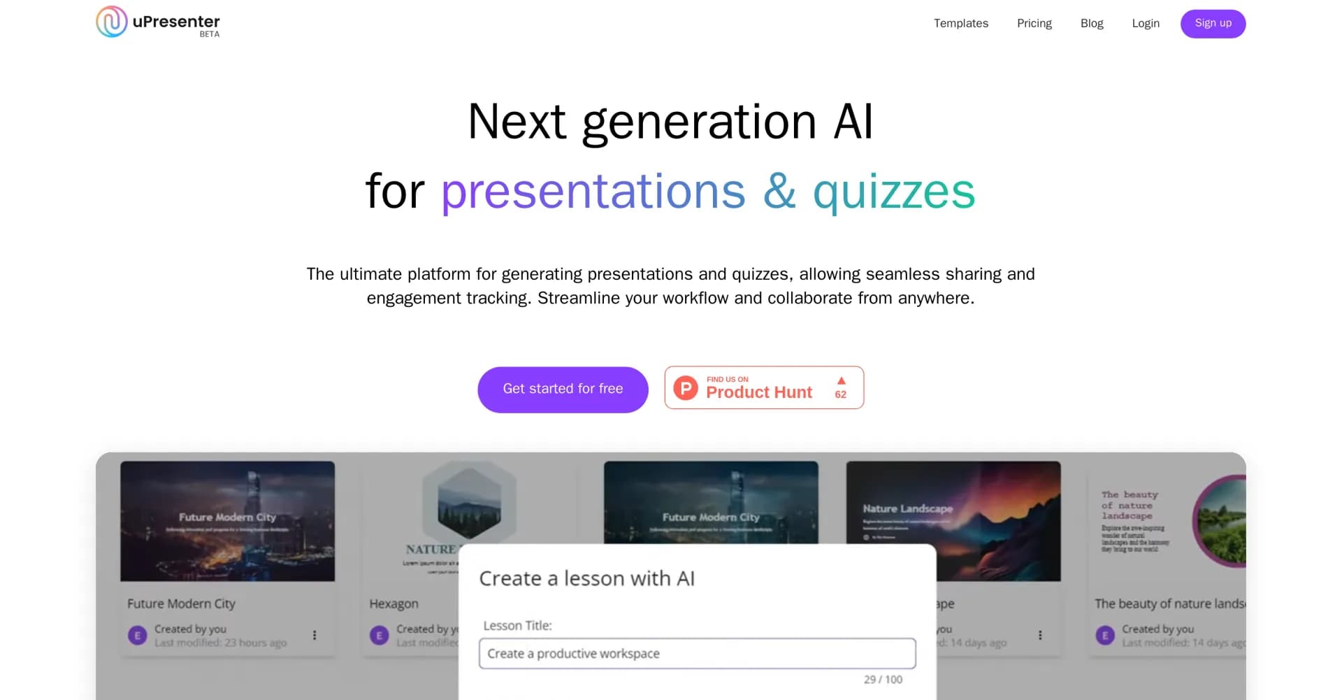 uPresenter homepage screenshot — AI-powered presentations and quizzes in minutes