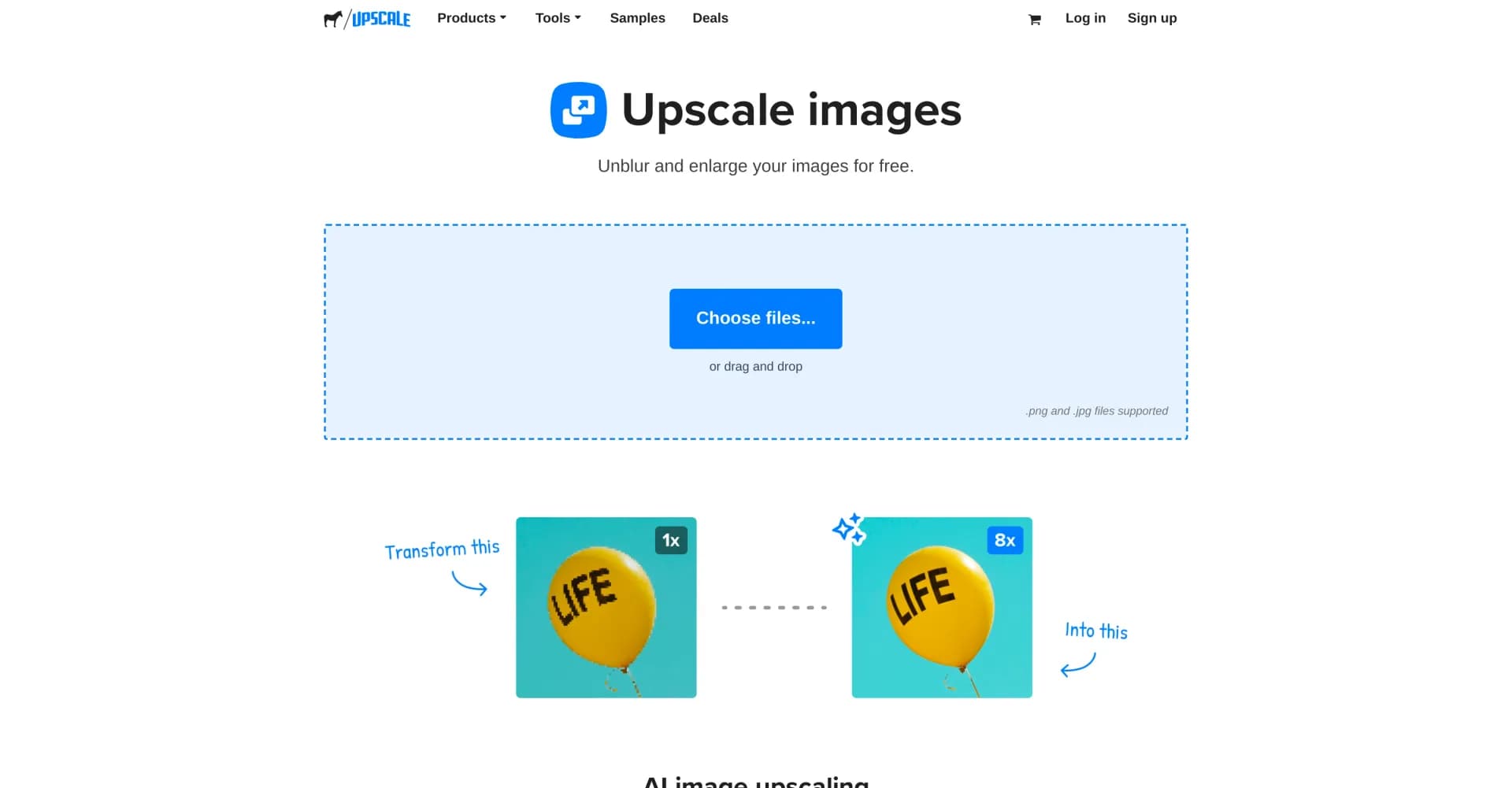 Upscale by StickerMule homepage screenshot — Upscale images for free without losing quality.