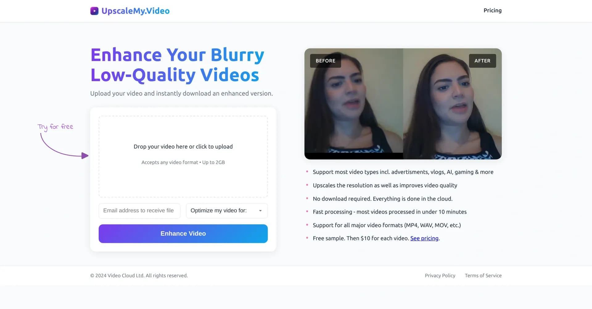 UpscaleMy.Video homepage screenshot — Instantly enhance blurry videos with AI.