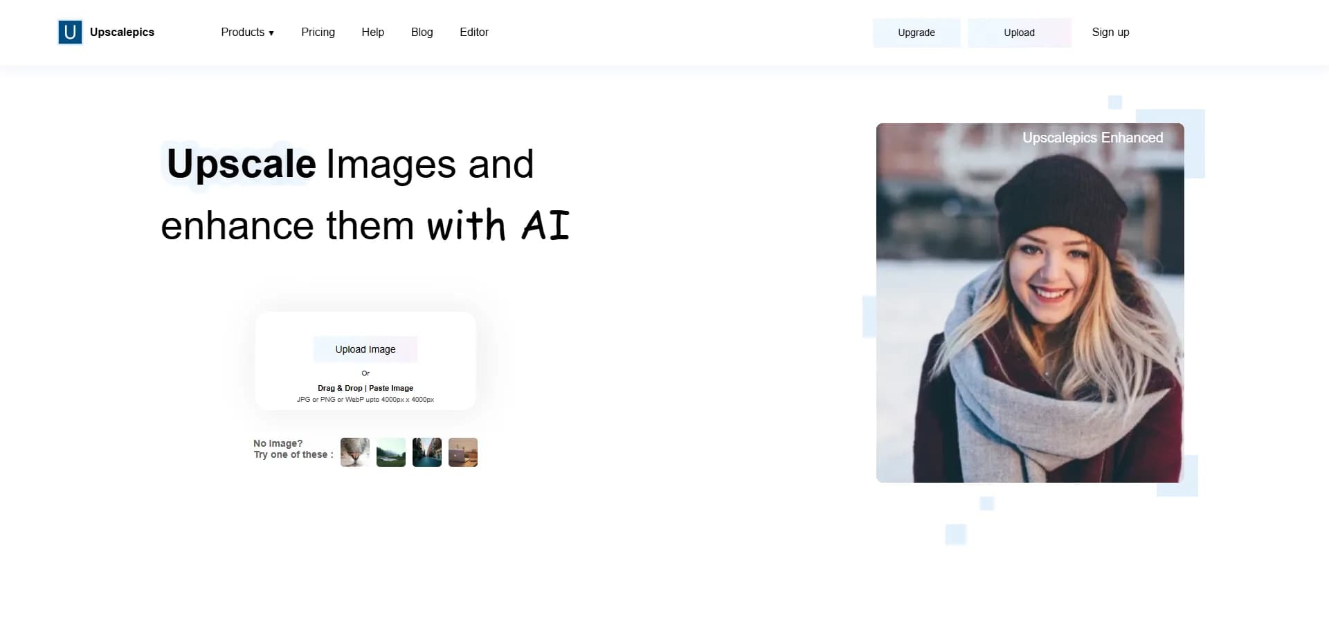 UpscalePics homepage screenshot — Enhance images with AI-powered upscaling.