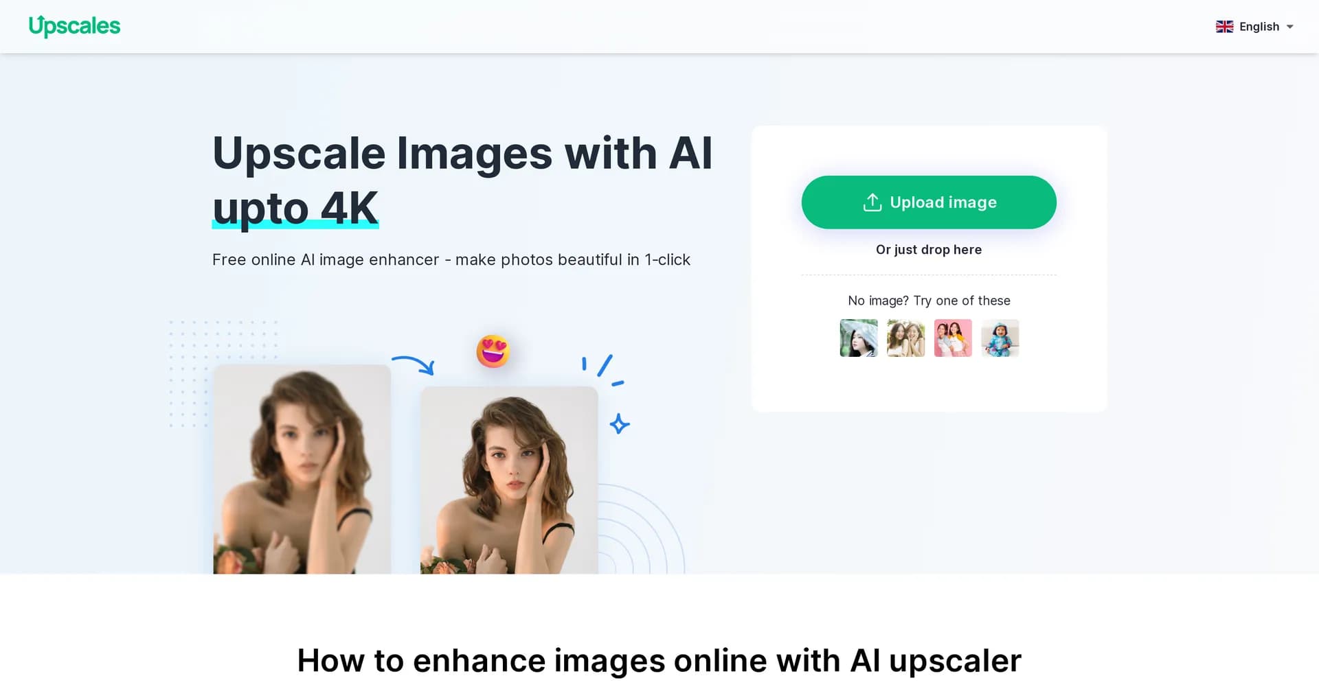 Upscales homepage screenshot — Upscale images 8x with AI in one click