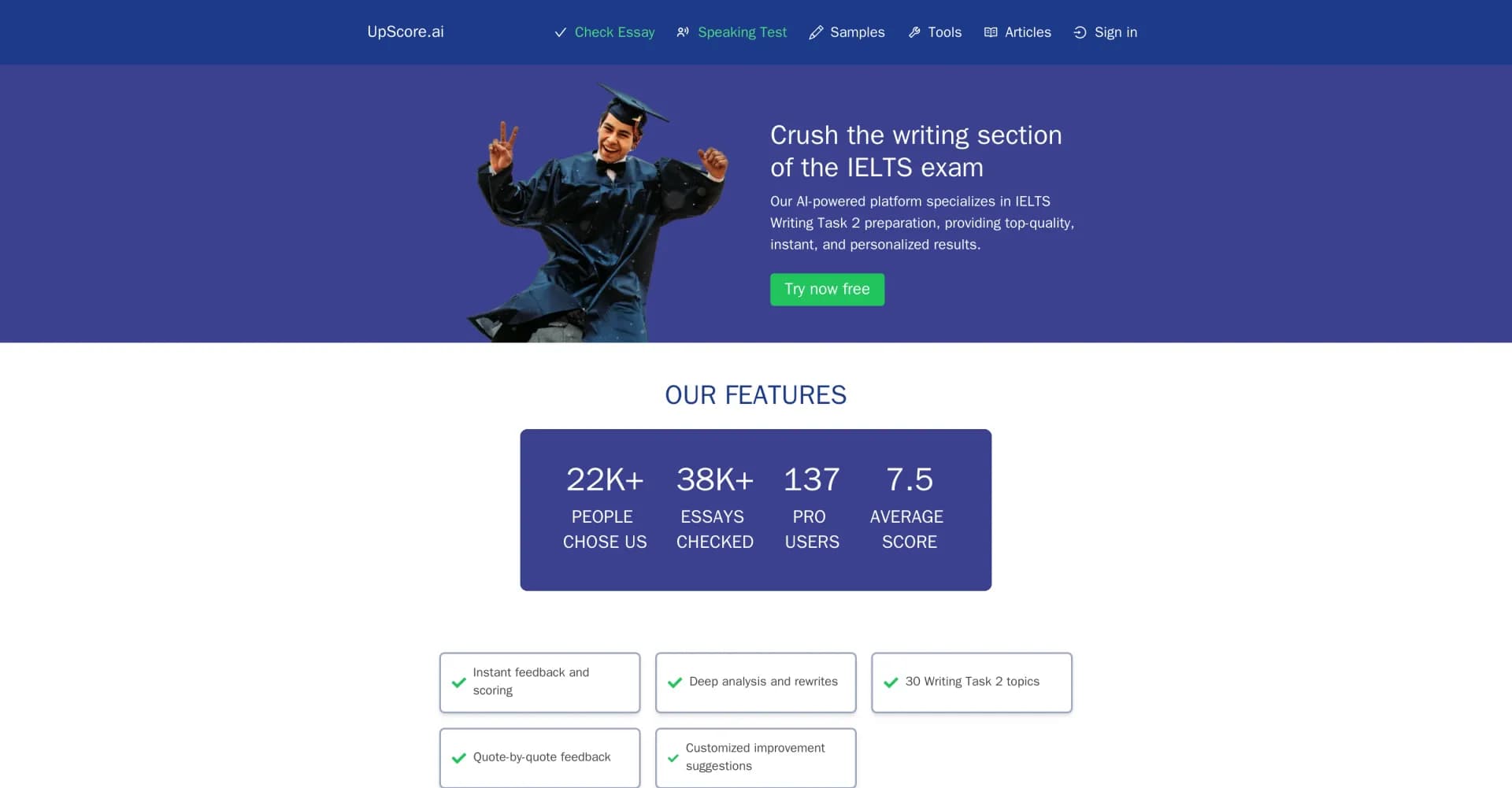 Upscore homepage screenshot — Ace IELTS Writing with AI-powered feedback and practice.