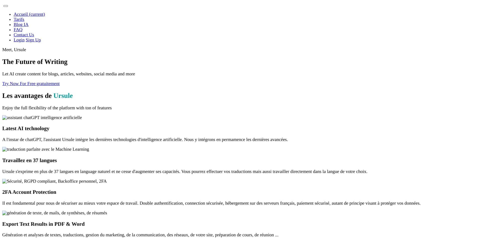 Ursule homepage screenshot — AI-powered writing assistant for diverse content creation
