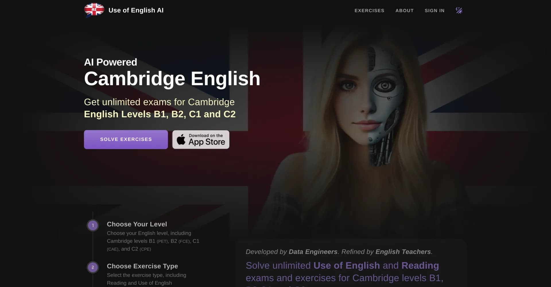 Use of English AI homepage screenshot — AI-powered Cambridge English exam preparation